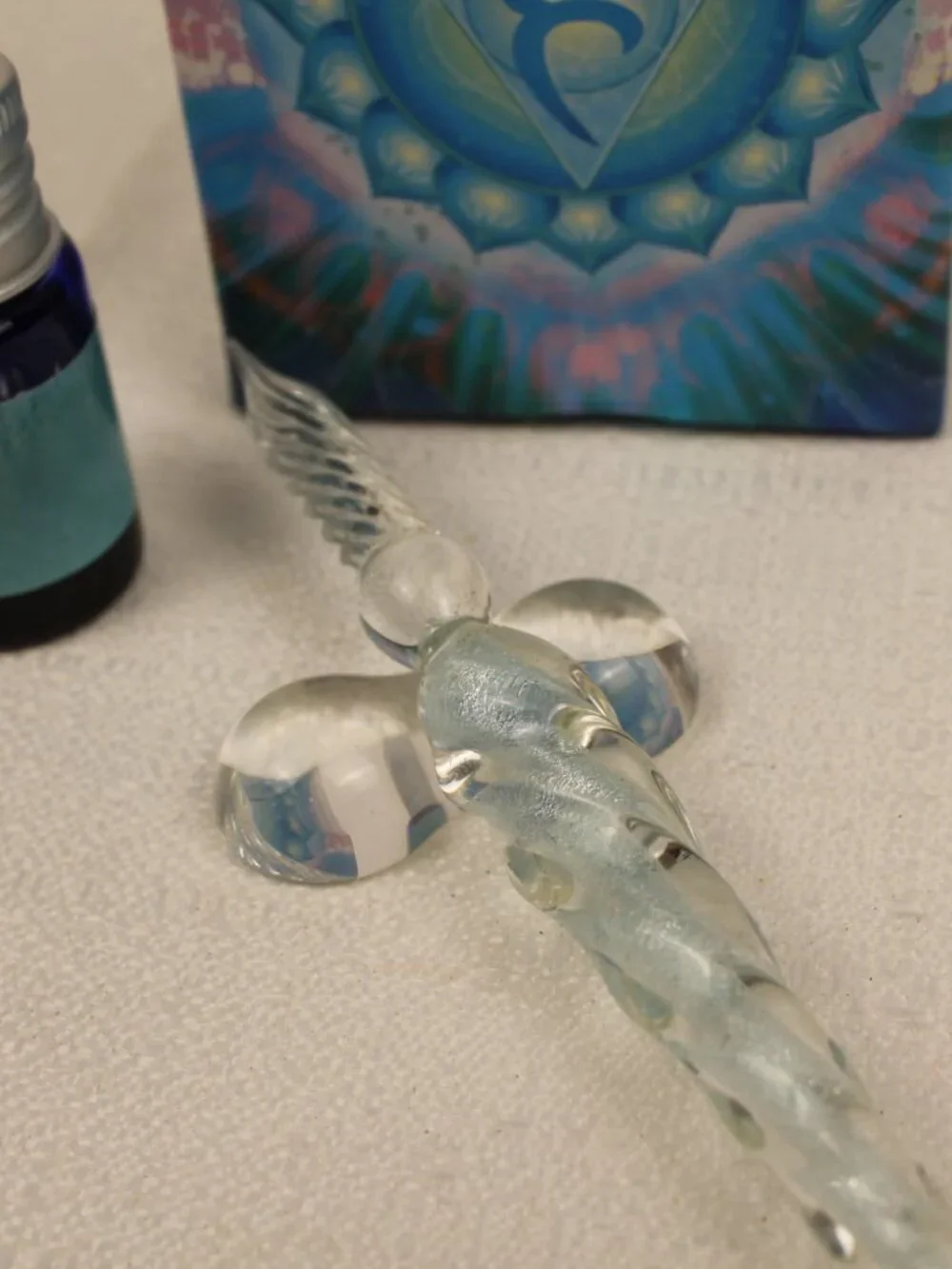 Crystal Glass Dip Pen Set Calligraphy Writing Art Ink Bottle Holder Gift Box Blu